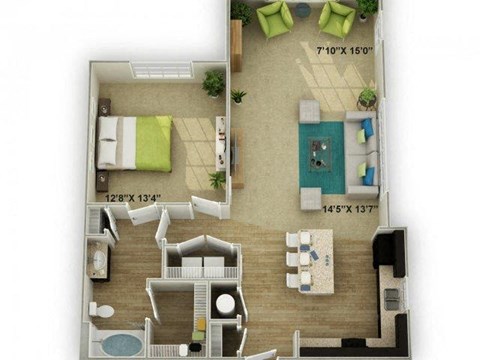 Floor plan for 1 bed, 1 bath, 920 sqft